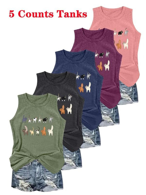Women's Cartoon Cat Print Tank Top, Casual Sleeveless Top for Summer, Ladies Clothes for Daily Wear T-Shirts, Hoodie,...