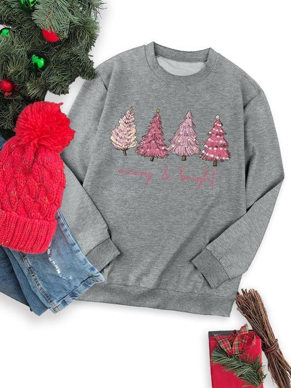 Women's Cartoon Christmas Tree Print Drop Shoulder Sweatshirt, Casual Long Sleeve Round Neck Pullover for Fall & Winter,...