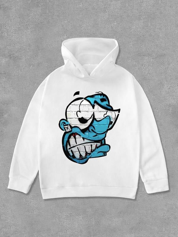 Women's Cartoon Face Print Drop Shoulder Hoodie, Fashion Casual Long Sleeve Hooded Sweatshirt for Daily Holiday Outdoor...