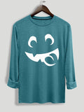 Women's Cartoon Face Print Long Sleeve Tee, Casual Round Neck T-shirt for Daily Wear, Women's Clothing for All Seasons...