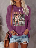 Women's Cartoon Figure & Letter Print Round Neck Tee, Fashion Casual Crew Neck Long Sleeve T-shirt for Daily Holiday...
