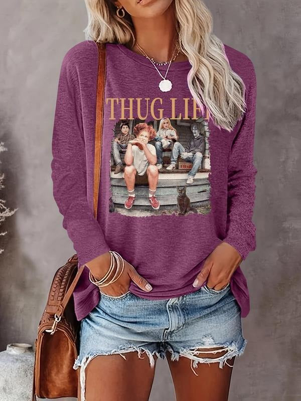 Women's Cartoon Figure & Letter Print Round Neck Tee, Fashion Casual Crew Neck Long Sleeve T-shirt for Daily Holiday...
