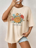 Women's Cartoon Floral Graphic Print Round Neck Tee, Fashion Casual Drop Shoulder Short Sleeve T-shirt for Daily Wear,...