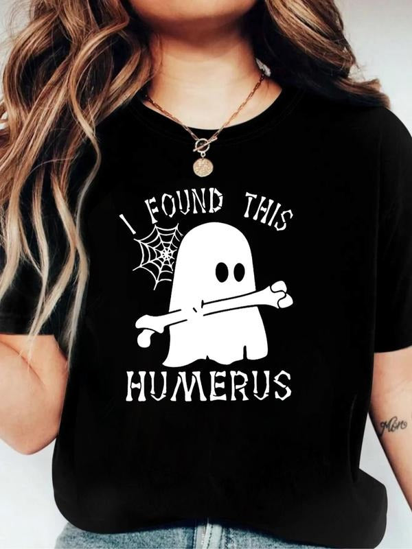 Women's Cartoon Ghost & Letter Print Round Neck Tee, Fashion Casual Short Sleeve T-shirt for Halloween Daily Holiday...