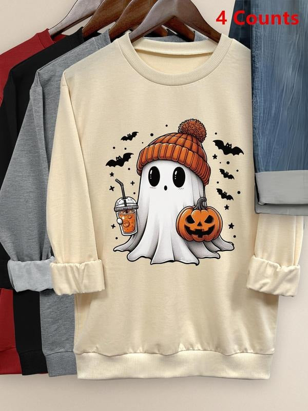 Women's Cartoon Ghost & Pumpkin Print Sweatshirt, Casual Long Sleeve Round Neck Pullover for Halloween Fall & Winter,...