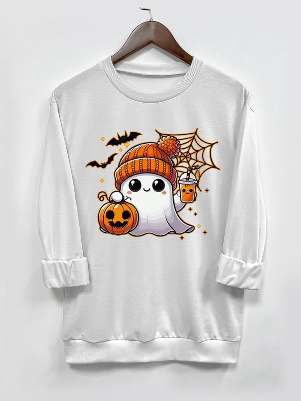 Women's Cartoon Ghost Print Drop Shoulder Pullover, Fashion Casual Long Sleeve Crew Neck Sweatshirt for Halloween Daily...