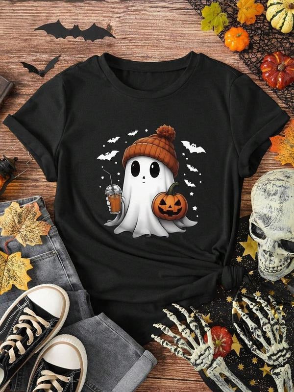Women's Cartoon Ghost Print Round Neck Tee, Fashion Casual Short Sleeve T-shirt for Daily Wear, Ladies Summer Clothes...