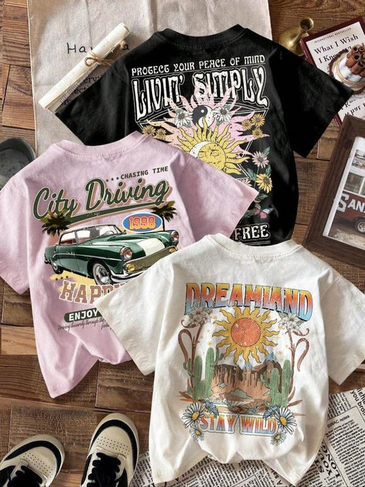 Women's Cartoon Graphic Print Round Neck Tee, Back To School Outfits, Fashion Casual Drop Shoulder Short Sleeve T-shirt, Graphic Tees Women, Ladies Summer Clothes for Daily Wear