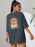 Women's Cartoon Landscape & Letter Print Round Neck Tee, Casual Graphic Drop Shoulder Half Sleeve T-Shirt for Summer,...