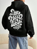 Women's Cartoon Letter Print Pocket Drawstring Hoodie, Fashion Casual Drop Shoulder Long Sleeve Hooded Sweatshirt for...