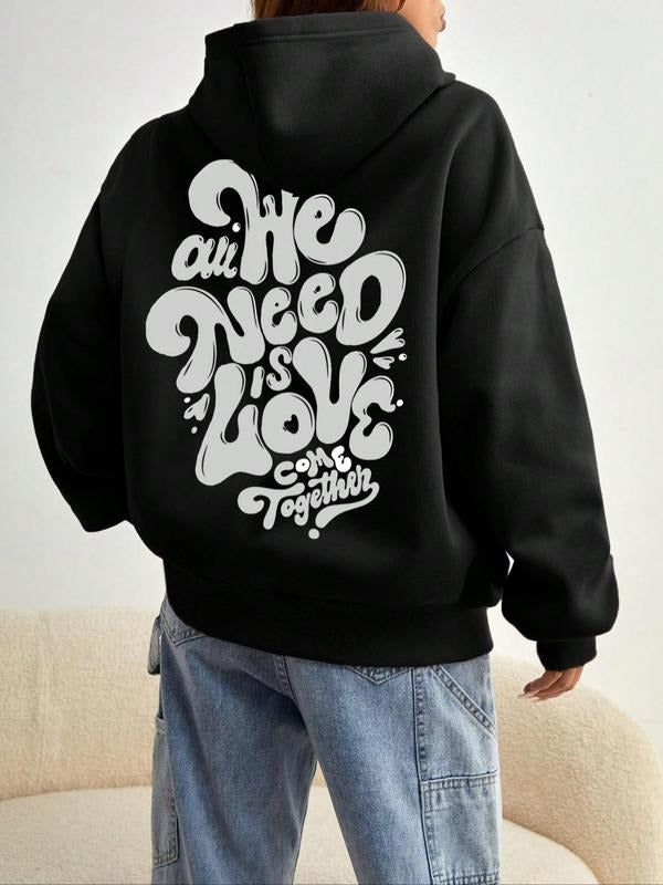 Women's Cartoon Letter Print Pocket Drawstring Hoodie, Fashion Casual Drop Shoulder Long Sleeve Hooded Sweatshirt for...