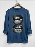 Women's Cartoon Lips Print Round Neck Sweatshirt, Casual Long Sleeve Pullover, Women's Fall & Winter Clothes for Daily...