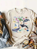 Women's Cartoon Marine Life Print Round Neck Tee, Fashion Casual Short Sleeve T-shirt, Ladies Summer Clothes for Daily...