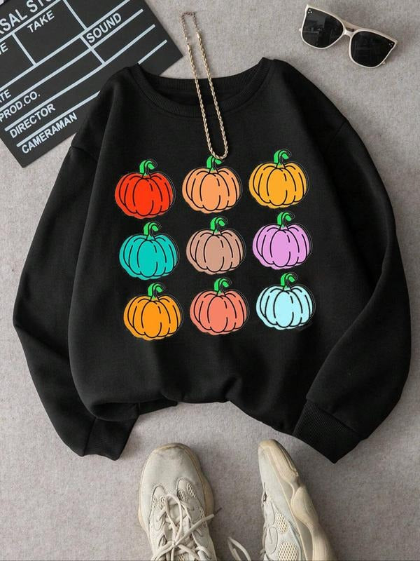 Women's Cartoon Pumpkin Print Round Neck Sweatshirt, Casual Long Sleeve Pullover, Women's Fall & Winter Clothes for Daily...