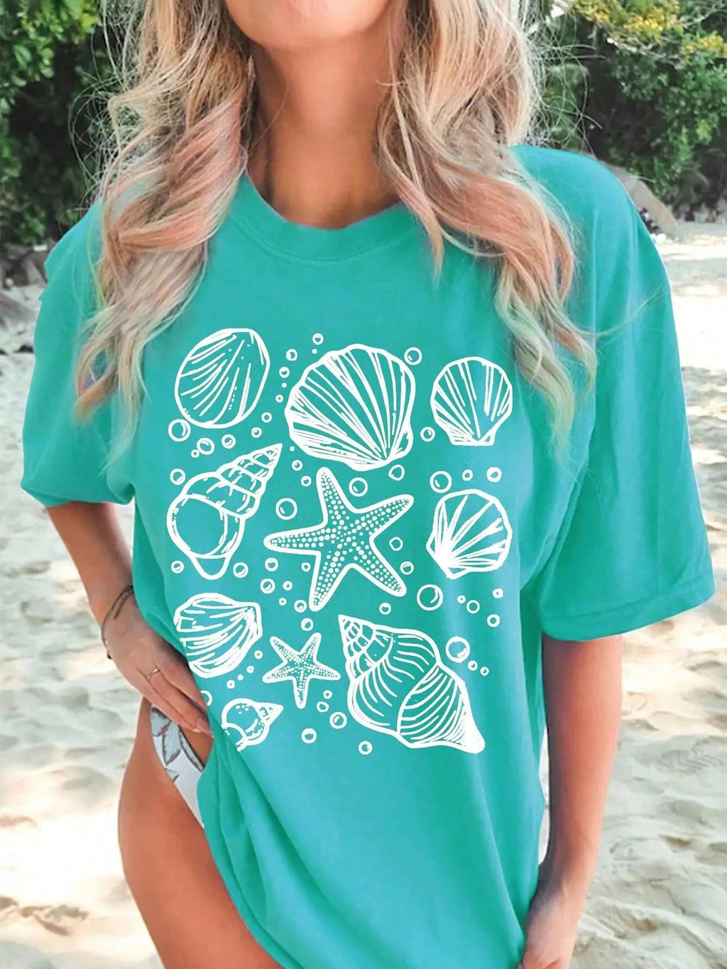 Women's Cartoon Starfish & Shell Print Round Neck Tee, Casual Short Sleeve T-shirt for Summer, Ladies Clothes for Beach...