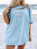 Women's Cartoon Whale Print Drop Shoulder Tee, Graphic Tees, Casual Half Sleeve Round Neck T-Shirt for Summer, Ladies...