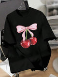 Women's Cherry & Bow Print Round Neck Tee, Fashion Casual Drop Shoulder Short Sleeve T-shirt, Ladies Summer Clothes for...