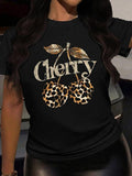 Women's Cherry & Letter Print Round Neck Tee, Casual Short Sleeve Crew Neck T-Shirt for Summer, Fashion Women's Top for...