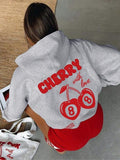 Women's Cherry & Number Print Drop Shoulder Hoodie, Fashion Casual Drawstring Pocket Hooded Sweatshirt for Daily Holiday...