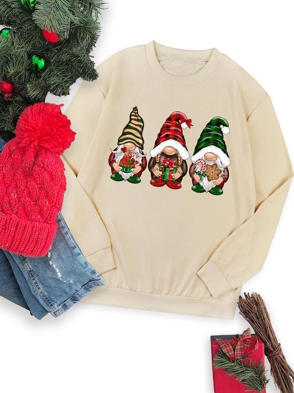 Women's Christmas Gnome Print Drop Shoulder Sweatshirt, Casual Long Sleeve Round Neck Pullover for Fall & Winter, Ladies...