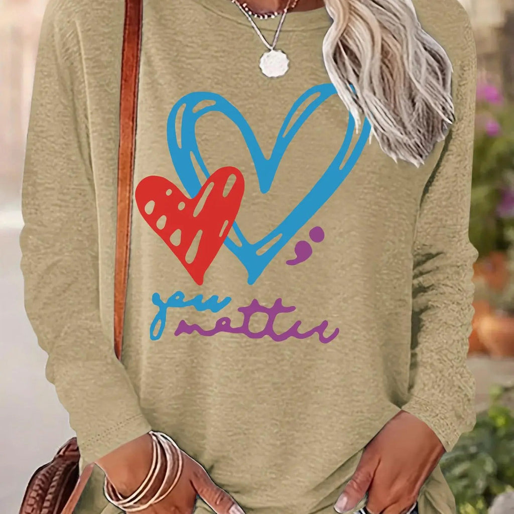 Women's Christmas Heart & Letter Print Drop Shoulder Tee, Casual Long Sleeve Round Neck Top for Daily Wear, Ladies Fall &...