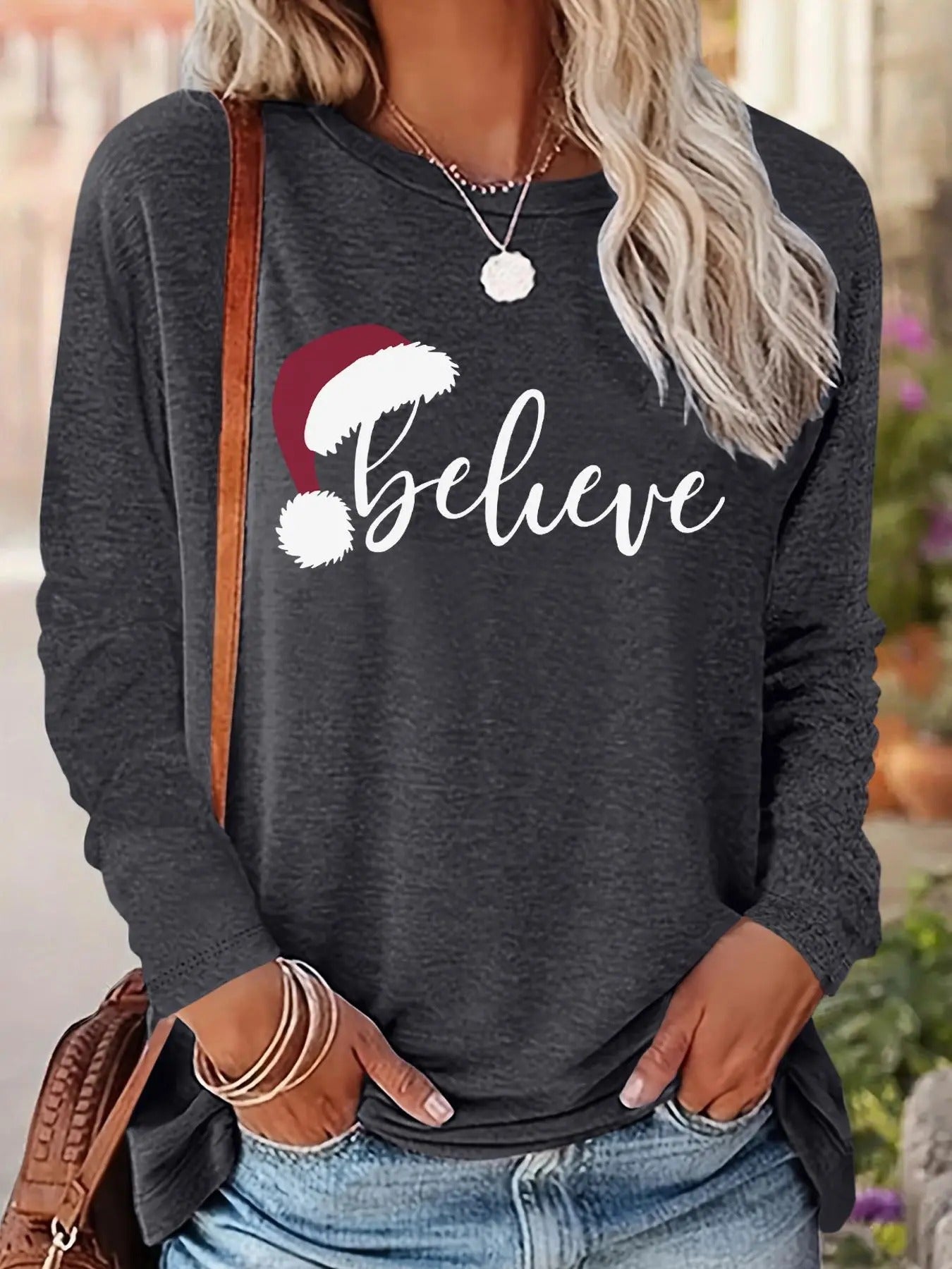 Women's Christmas Letter Print Drop Shoulder Tee, Casual Long Sleeve Round Neck Pullover for Fall & Winter, Ladies...