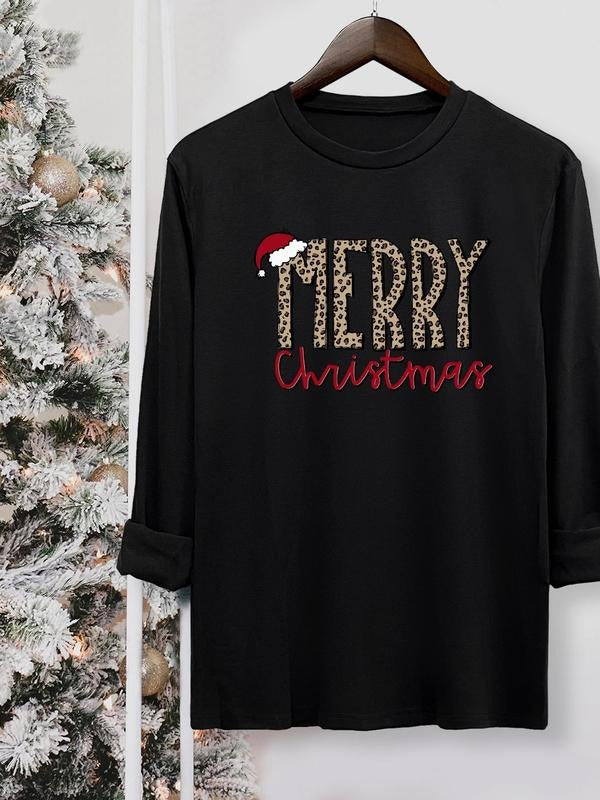 Women's Christmas Letter Print Round Neck Tee, Casual Long Sleeve Crew Neck T-shirt for Fall & Winter, Women's Top for...