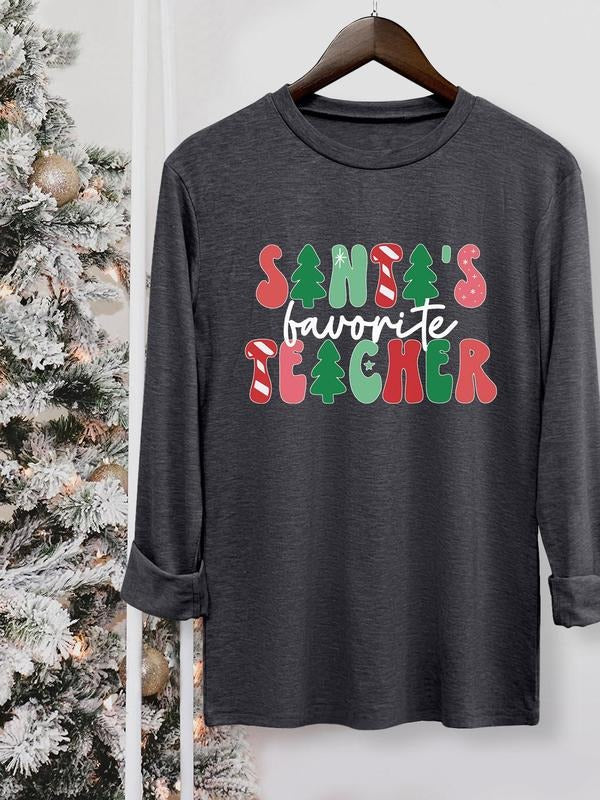 Women's Christmas Letter Print Round Neck Tee, Casual Long Sleeve Crew Neck T-shirt for Fall & Winter, Women's Top for...