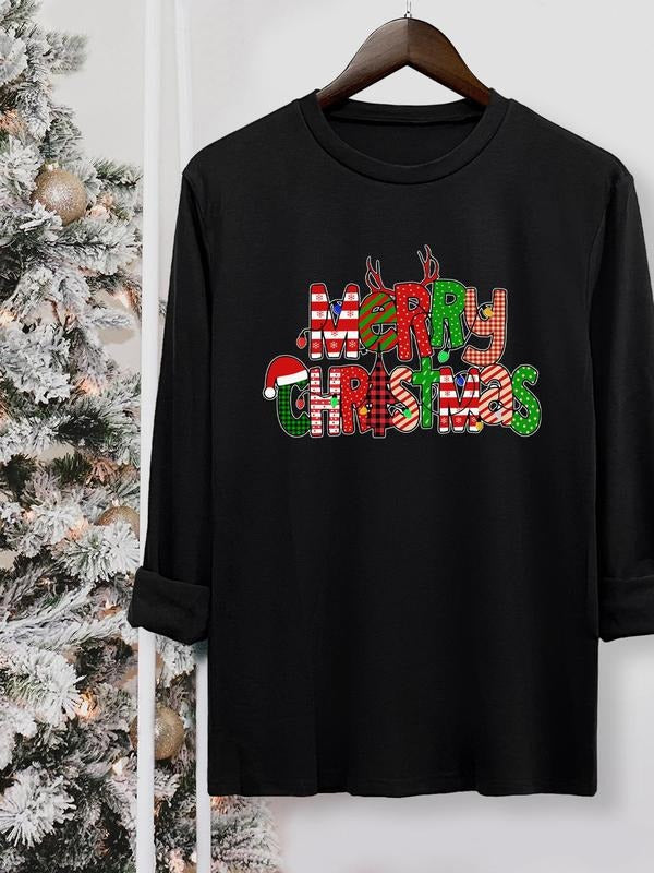 Women's Christmas Letter Print Round Neck Tee, Casual Long Sleeve Crew Neck T-shirt for Fall & Winter, Women's Top for...