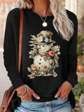 Women's Christmas Snowman Print Round Neck Tee, Casual Long Sleeve Crew Neck T-shirt  for Fall & Winter, Women's Clothes...