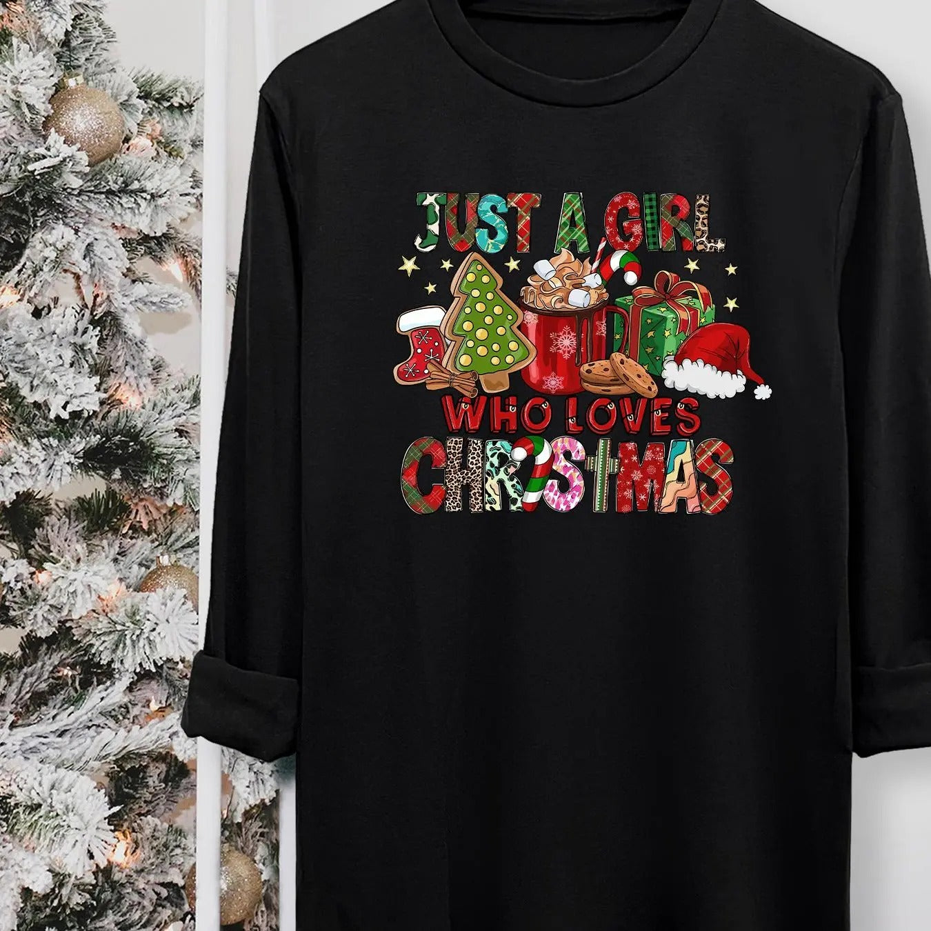 Women's Christmas Themed Cartoon Print Round Neck Tee, Casual Long Sleeve Crew Neck T-shirt for Fall & Winter, Women's...