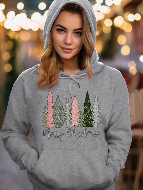 Women's Christmas Tree & Letter Print Drawstring Pocket Hoodie, Casual Long Sleeve Hooded Sweatshirt for Fall & Winter,...