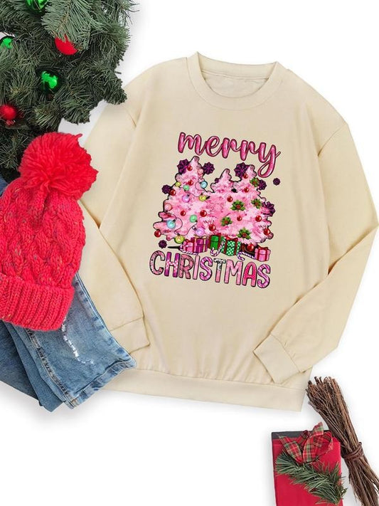 Women's Christmas Tree & Letter Print Drop Shoulder Sweatshirt, Casual Long Sleeve Round Neck Pullover for Fall & Winter, Ladies Clothes for Daily Wear