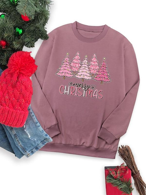 Women's Christmas Tree Print Drop Shoulder Sweatshirt, Casual Letter Print Long Sleeve Round Neck Pullover for Fall &...