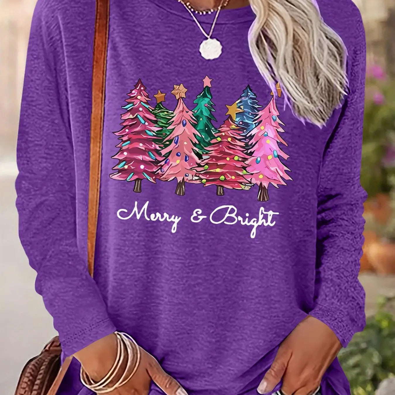 Women's Christmas Tree Print Drop Shoulder Tee, Casual Long Sleeve Round Neck Pullover for Daily Wear, Ladies Fall &...