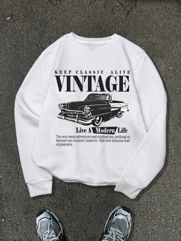 Women's Classic Car Print Crew Neck Sweatshirt, Casual Long Sleeve Pullover for Fall & Winter, Women's Clothes for Daily...