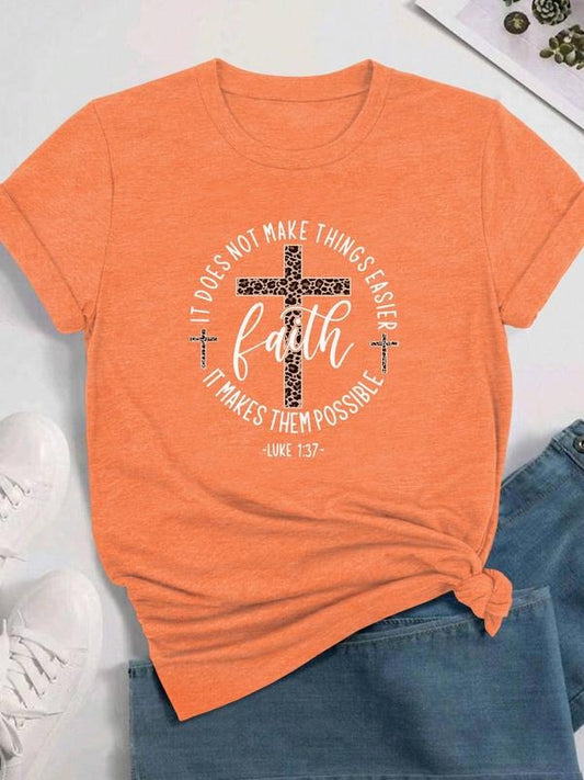 Women's Cross & Leopard Print Round Neck Tee, Fashion Casual Crew Neck T-Shirt for Daily Holiday Vacation Outdoor Wear, Ladies Clothes for All Seasons
