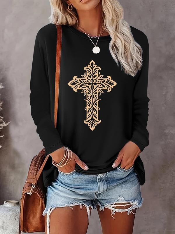 Women's Cross Print Round Neck Tee, Casual Long Sleeve Crew Neck T-shirt for Spring & Fall, Women's Top for Daily Wear...