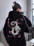 Women's Dragon & Letter Print Drop Shoulder Hoodie, Fashion Casual Drawstring Pocket Hooded Sweatshirt for Daily Holiday...