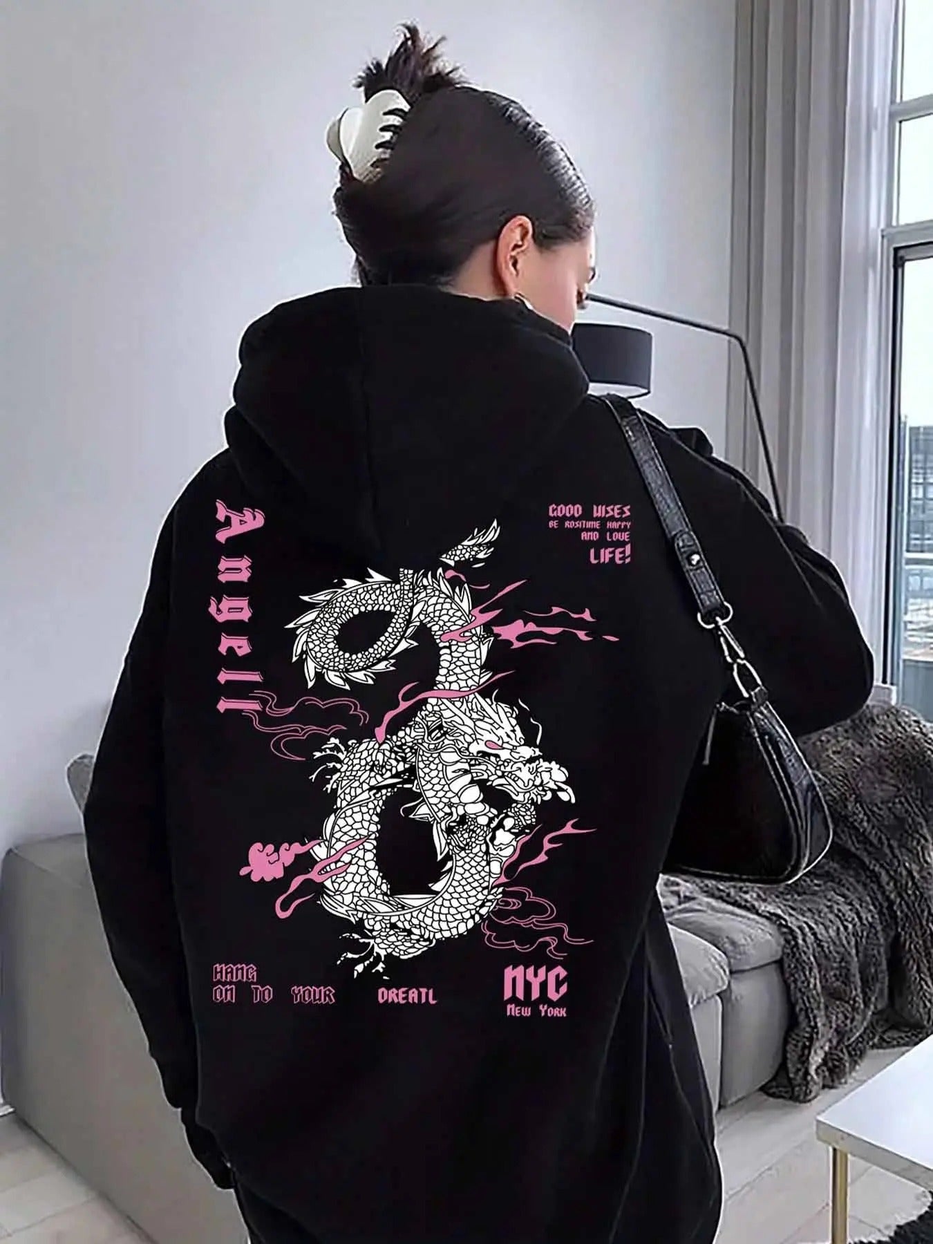Women's Dragon & Letter Print Drop Shoulder Hoodie, Fashion Casual Drawstring Pocket Hooded Sweatshirt for Daily Holiday...