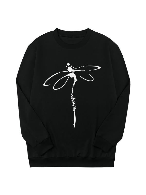 Women's Dragonfly & Letter Print Drop Shoulder Sweatshirt, Casual Long Sleeve Round Neck Pullover for Daily Wear, Women's...