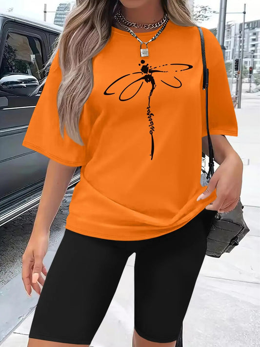 Women's Dragonfly Print Tee & Skinny Shorts Two-piece Set, Casual Fashion   Graphic T-shirt & Shorts for Daily Outdoor Wear, Ladies Clothes for All Seasons