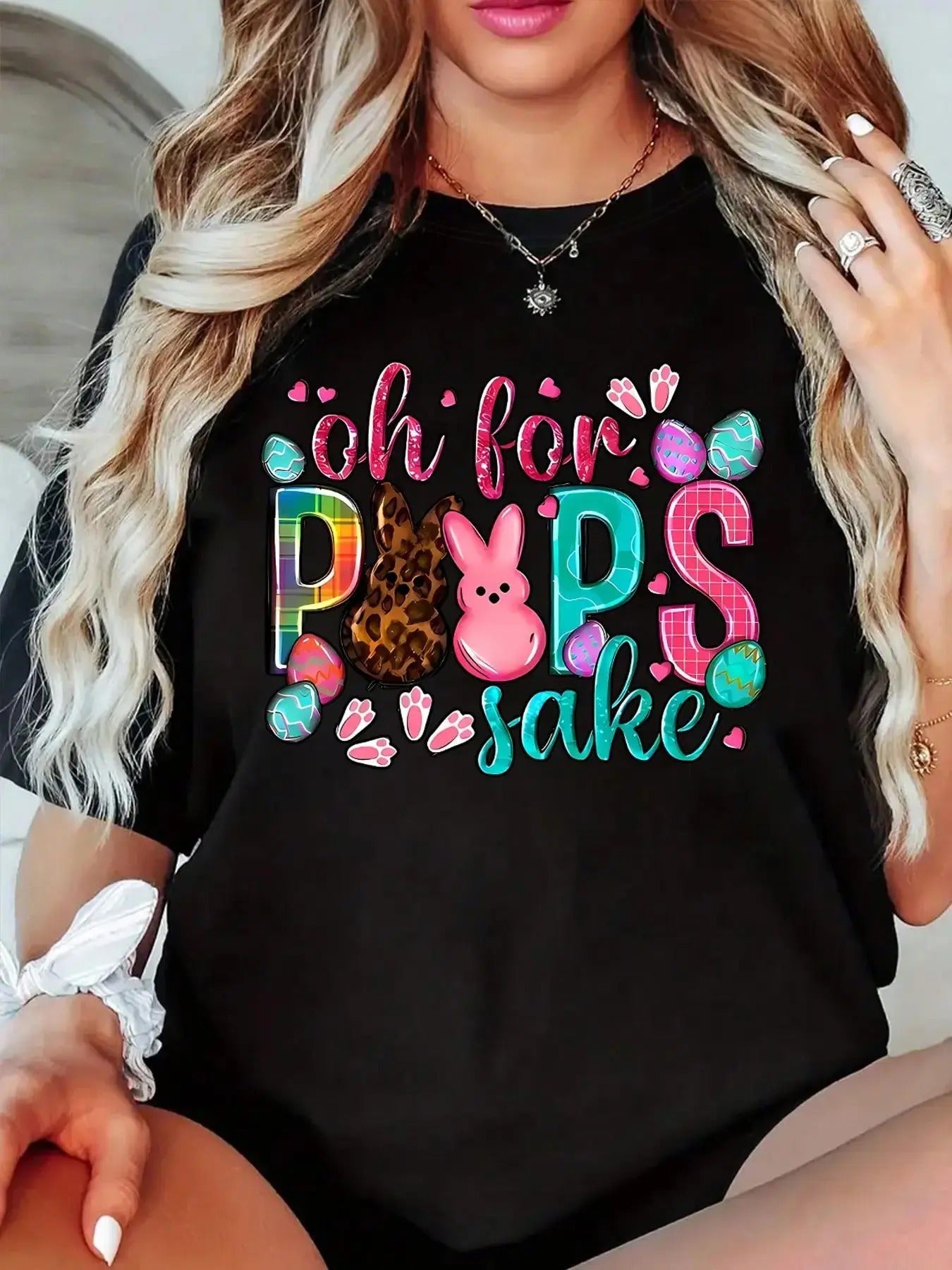 Women's Easter Cartoon Rabbit & Letter Print Round Neck Short Sleeve Tee, Fashion Casual Crew Neck T-shirt for Daily...