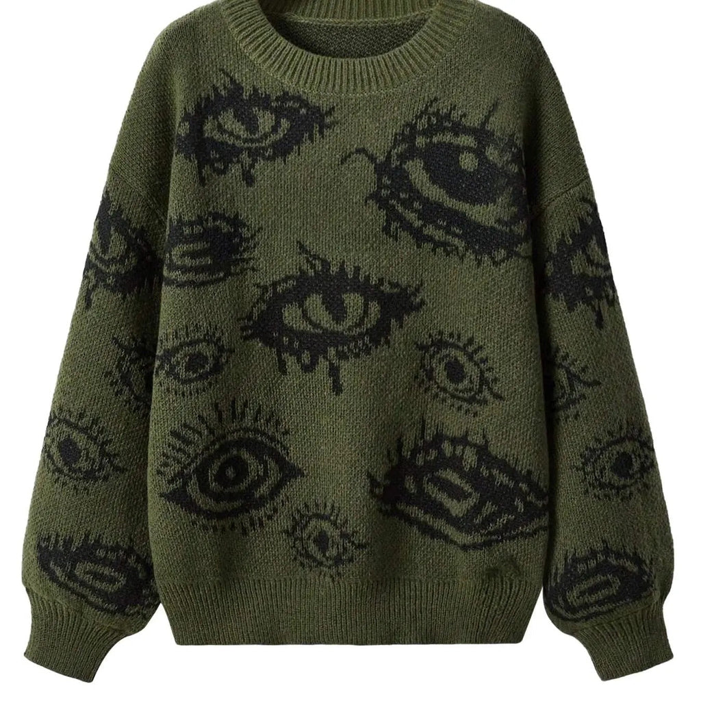 Women's Eye Print Drop Shoulder Sweater, Casual Long Sleeve Round Neck Jumper for Fall & Winter, Fashion Ladies' Knitwear...