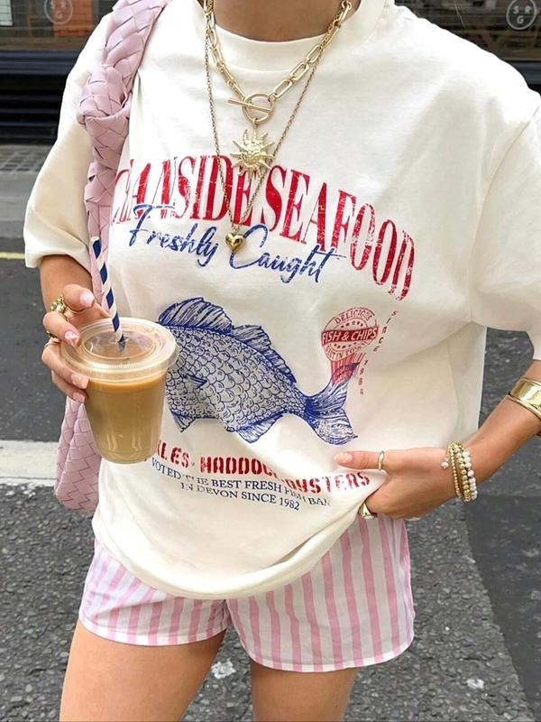Women's Fish & Letter Print Drop Shoulder Tee, Casual Half Sleeve Round Neck T-shirt for Summer, Fashion Women's Top for...