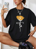 Women's Floral & Letter Print Drop Shoulder Tee, Casual Half Sleeve Round Neck T-Shirt for Summer, Women's Top for Daily...