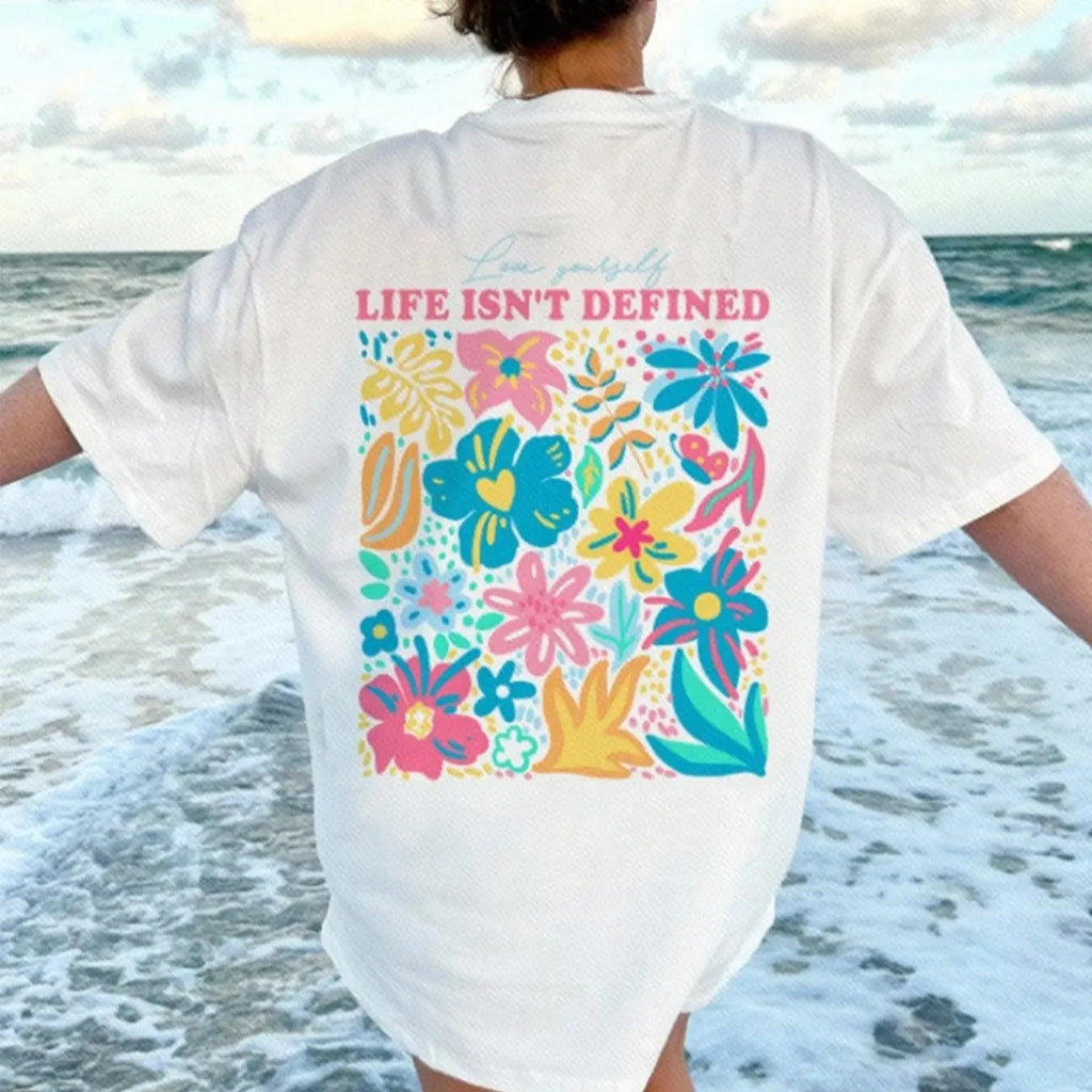 Women's Floral & Letter Print Round Neck Tee, Fashion Casual Drop Shoulder Short Sleeve T-shirt, Ladies Summer Clothes...
