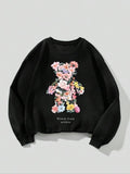Women's Floral Print Bear Design Drop Shoulder Sweatshirt, Casual Long Sleeve Crew Neck Pullover For Daily Wear, Ladies...