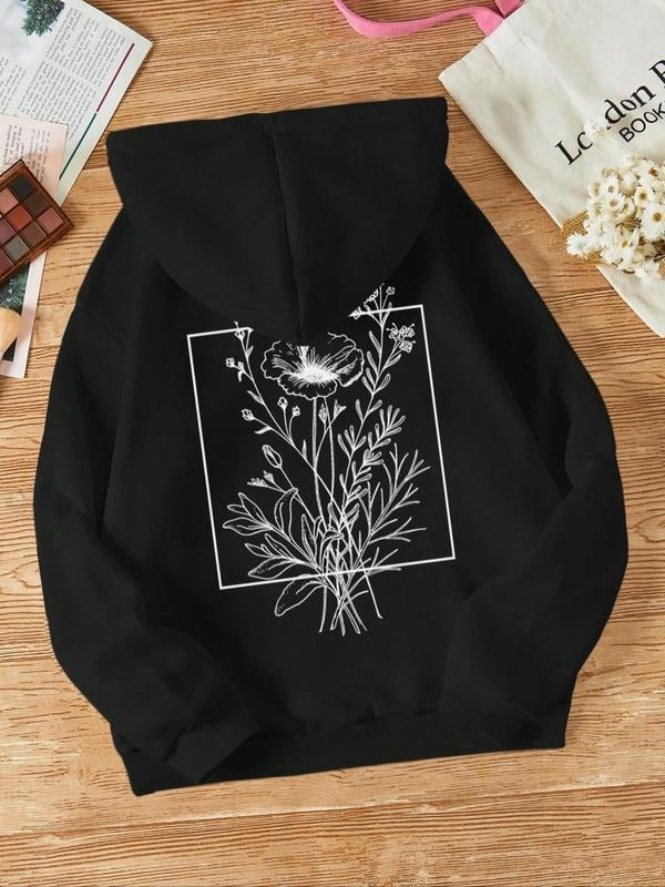 Women's Floral Print Drawstring Pocket Drop Shoulder Hoodie, Comfort Longsleeves Womenswear Tops for Lady, Fashion   Long...