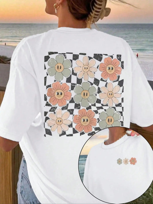 Women's Floral Print Drop Shoulder Tee, Casual Short Sleeve Round Neck T-shirt for Summer, Ladies Knit Clothes, Graphic Tees, T Shirts for Women, Summer Tops, Back To School Clothes, Tops for Women, Womenswear, Tshirt
